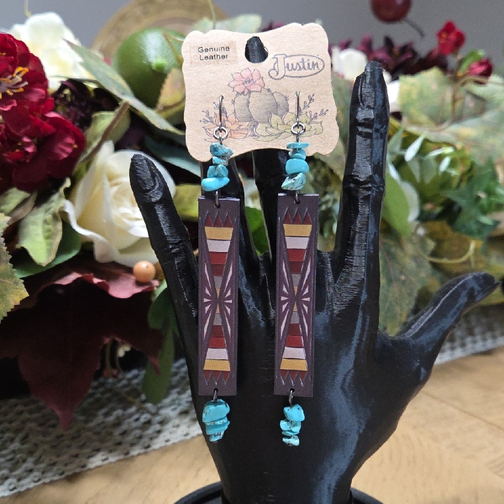 Justin Boots Turquoise and Brown Leather Earrings